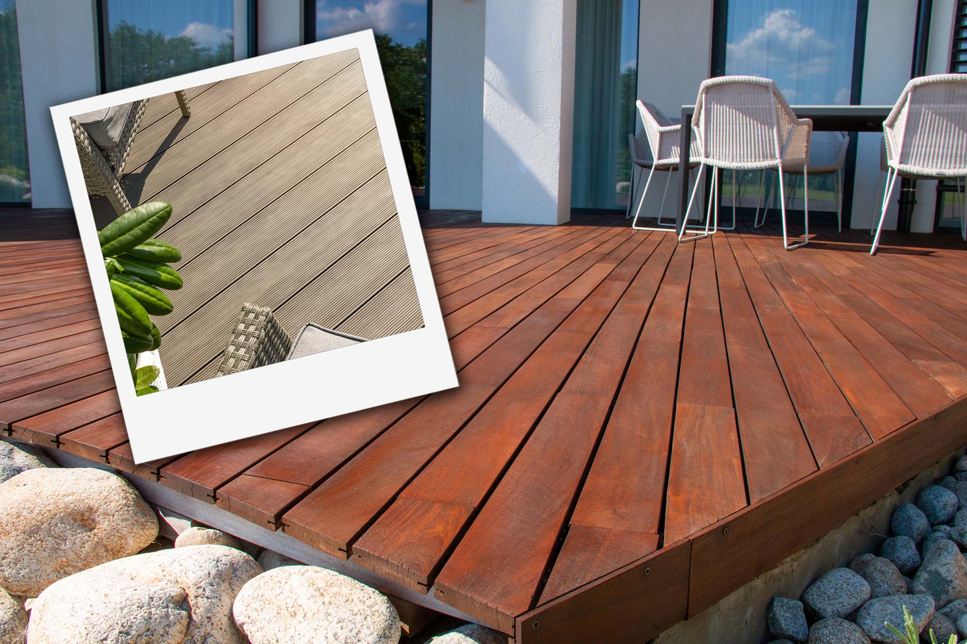 Terrasse aus Holz oder WPC/BPC – welches Material eignet sich besser Bild einer Holzterrasse mit Polaroid einer WPC-Terrasse